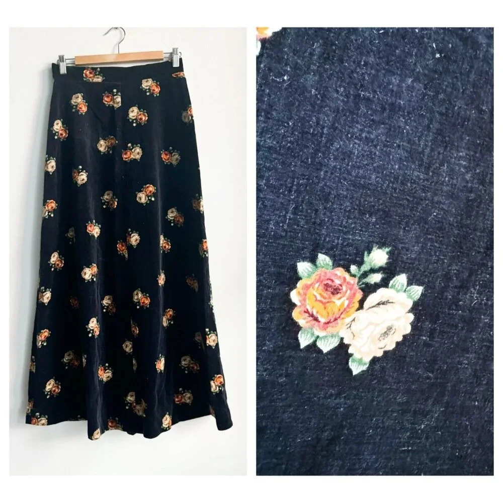 Vintage Velvet Floral A-Line Maxi Skirt M